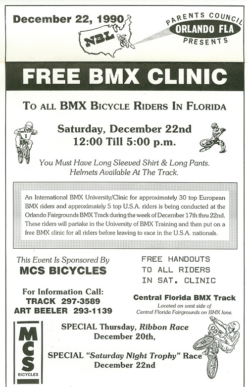 poster advertising the Univofbmx Training Clinic at the Parents Council BMX track Orlando